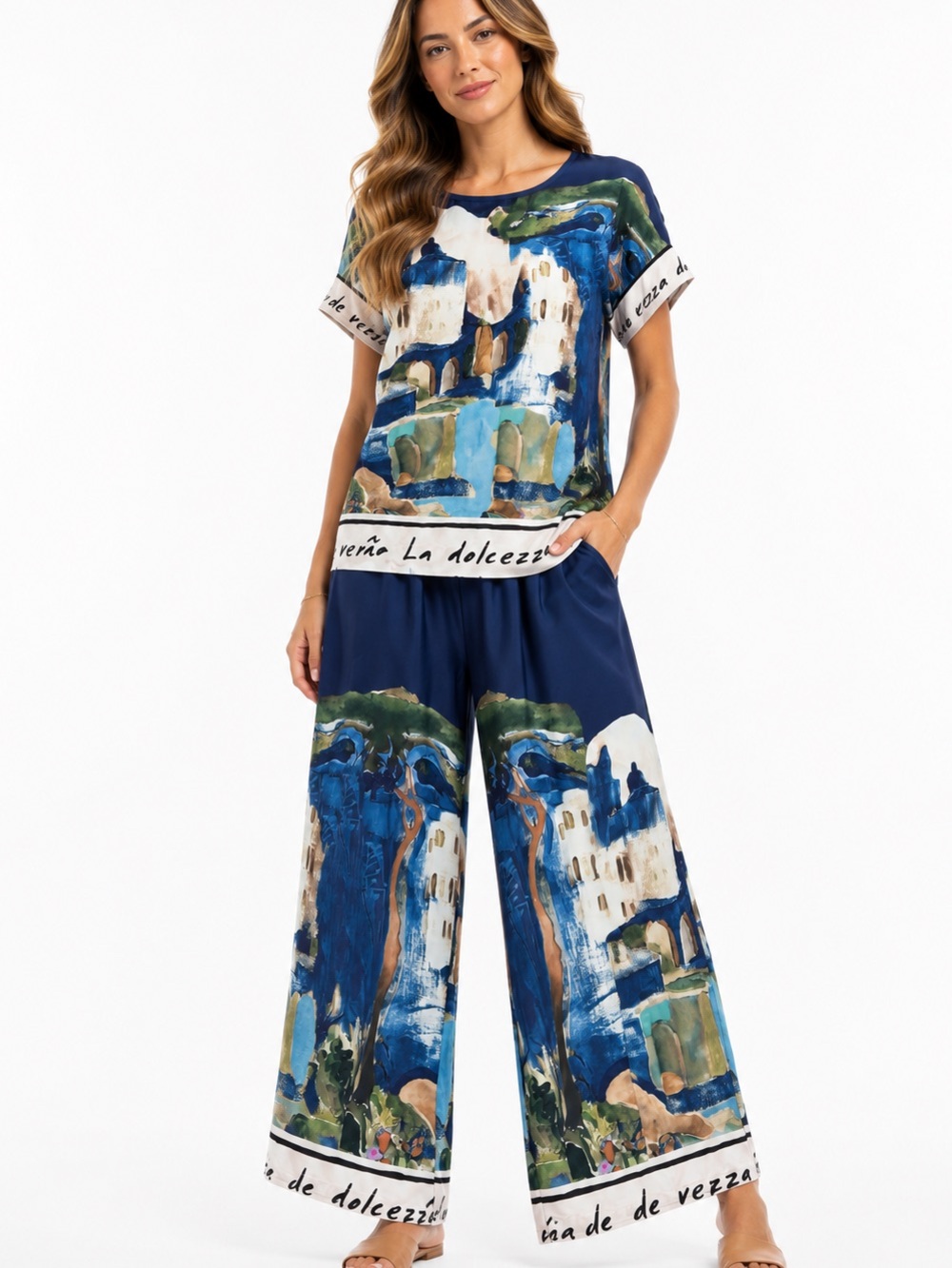 225.Made in Italy 🇮🇹 Scenic Print Two-Piece Set in Navy Blue and Green viscose